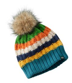 a multicolored knitted hat with a pom - pom on top