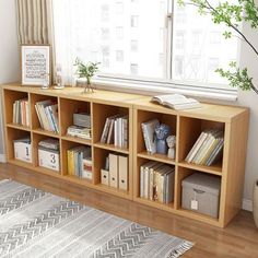 a bookshelf filled with lots of books in front of a window next to a rug