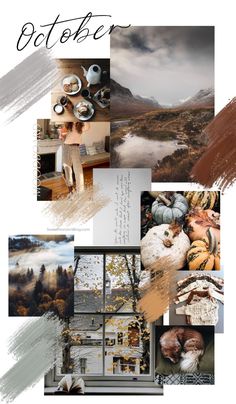 a collage of photos with the words october written in black, white and brown