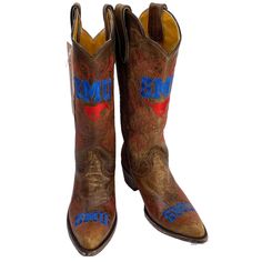 Gameday Boots Southern Methodist University Smu Mustangs Brown Embroidered Cowboy Boots Size 6.5 New Without Tag No Box Handmade Craftsmanship Logo Embroidery Detail Stitching Intentionally Distressed 100% Leather Leather Pull Tabs Leather Lining Cushioned/Leather Insole Pointed Round Toe Pull On Style With Side Tabs Pony Up! Whether Tailgating At The Big Game Or Just Adding Flair To Your Outfit, Show Your School Spirit With These Boots. Constructed From The Highest Quality Distressed Leather, These Handcrafted Boots Are Sure To Provide Quality And Comfort For Countless Championship Seasons To Come. Insulated Rubber Boots, Embroidered Cowboy Boots, Smu Mustangs, Southern Methodist University, Handcrafted Boots, Box Handmade, Classic Heels, Cole Haan Women, Walker Boots