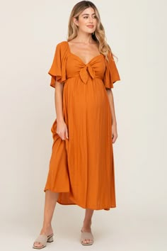 Rust Front Tie Ruffle Sleeve Maternity Midi Dress – PinkBlush Spring Maternity Dress, Pregnancy Dresses Summer, Orange Maternity Dress, Bump Friendly Dress, Fall Maternity Dress, Summer Maternity Dress, Maternity Dress Wedding Guest, Pregnancy Dresses, Casual Maternity Dress