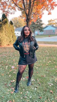 Biker Shorts Rave Outfit, Cute Rock Concert Outfits Plus Size, Plus Rocker Style, Classy Biker Chick Outfit, Halloween Fall Outfits For Women, Chicago Club Outfit Night, Rockstar Wife Aesthetic, Oversized Tshirt Outfit With Fishnets, Alt Date Night Outfit