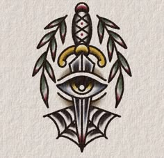 an image of the eye and dagger on a white paper background, with some green leaves around it