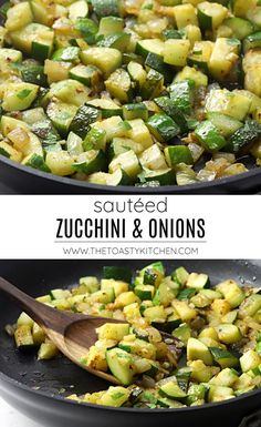 zucchini and onions in a skillet with a wooden spoon on the side