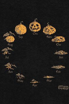 an image of pumpkins in the shape of a circle on a black shirt with gold lettering