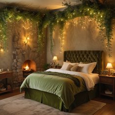 a bedroom decorated with greenery and lights