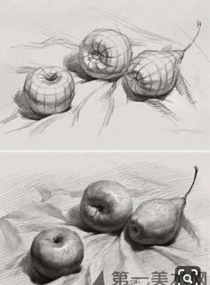 two drawings of apples and onions on paper