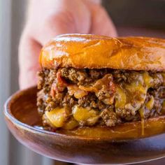 a close up of a person holding a plate with a sloppy joe sandwich on it