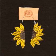 Surgical steal, leather, sunflower drop earrings Sunflower Design Dangle Earrings As Gift, Yellow Sunflower Design Earrings For Summer, Sunflower Leather Earrings, Yellow Sunflower Design Flower Earrings, Leather Sunflower, Yellow Sunflower Dangle Earrings, Sunflower Earrings, Earring Gifts, Wood Crafts