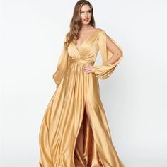 Beautiful Gold Satin Gown With Wrap Front Top, Built In Cups, And Slashed Sleeves To Provide A Fun Flash Of Skin. Hidden Zipper Closure On Back To Ensure It Fits The Bodice. I Love This Dress, But It Just Doesn’t Suit My Body Type! I Would Love For It To Find A Home With Someone Who Will Wear It Out And Make It Shine. Gold Dress Long Classy, Gold Satin Gown, Slashed Sleeves, Gold Dresses Long, Liquid Satin Dress, Gold Satin Dress, Gold Formal Dress, Dresses Gold, Goddess Gown