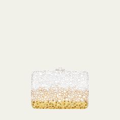 Judith Leiber Couture slim clutch bag in effervescent pattern crystals, brass, and calf leather  Detachable chain shoulder strap, 19" drop/ 40"L Framed top with lift-clasp closure  Interior, one compartment  Lining: metallic leather Approx. 5.5"H x 7"W x 1.5"D Made in Italy Luxury Gold Clutch For Cocktail, Gold Embellished Clutch For Gala, Designer Gold Clutch For Gala, Gold Rectangular Clutch For Cocktail, Luxury Evening Bag With Chain Strap For Cocktail, Luxury Rectangular Clutch For Cocktail, Luxury Cocktail Evening Bag With Chain Strap, Gold Rectangular Cocktail Clutch, Designer White Evening Clutch