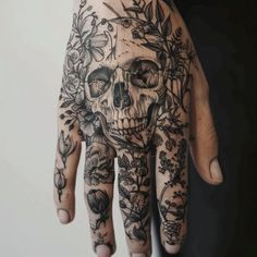 Skull Hand Tattoo Tattoo Flash Collection Skeleton Half Sleeve Tattoo, Skull Calf Tattoos For Women, Hip Tattoos Women Skull, Black And Grey Filler Tattoo Ideas, Skull With Plants Growing Out Of It, Flowers With Skulls Tattoo, Skull With Hair Tattoo, The Cycle Ends Here Tattoo, Dark Boho Tattoo