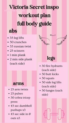 a pink poster with the words victoria secrets workout plan, abs full body guide