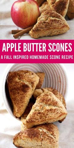 apple butter scones in a white bowl with cinnamon sticks and an apple on the side