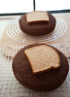 two slices of bread sitting on top of a cooling rack