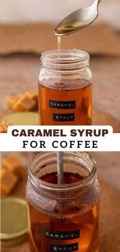 caramel syrup for coffee is being poured into a jar