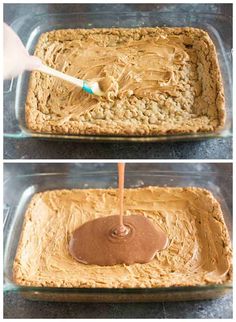 two pictures showing how to make peanut butter frosting in a baking pan with a spoon