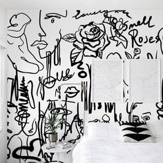 Abstract Female Black and White Self Adhesive Wall Mural Female Faces, Studio Wall, Salon Suites, Hallway Bathroom, Minimalist Line Art, Kitchen Hallway, Peel And Stick Vinyl, Vinyl Paper, Beauty Studio