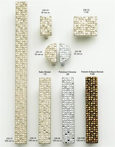 four different types of bracelets are shown on a white surface with measurements for each piece