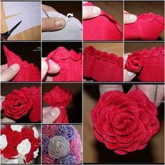 the steps to make a flower out of yarn are shown in several different pictures, including red