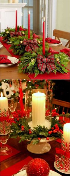 christmas table setting with candles and decorations