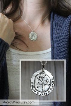 Personalized family tree name necklace rustic 925 stePersonalize this rustic family tree mothers necklace. Hand stamped in sterling silver with your kids names. Makes a great unique mom gift. Tree of life. Click to customize yours. #WordWrap #WordWrapJewelry #HandmadeJewelry #GiftsForHer #Necklace #HandStamped #MothersDayGifts #PersonalizedJewelry #GiftForMom #HandmadeNecklace #NameNecklace #PersonalizedNecklace #GiftForWife #HandStampedJewelry #MomNecklace #NameJewelry  #RusticJewelry #UniqueJe Unique Hand Stamped Sterling Silver Jewelry, Hand Stamped Spiritual Sterling Silver Jewelry, Spiritual Hand Stamped Sterling Silver Jewelry, Nature-inspired Silver Hand Stamped Jewelry, Nature-inspired Jewelry For Anniversary And Mother's Day, Nature-inspired Jewelry For Mother's Day Anniversary, Nature-inspired Personalized Jewelry For Everyday, Nature-inspired Personalized Everyday Jewelry, Personalized Sterling Silver Nature-inspired Necklaces