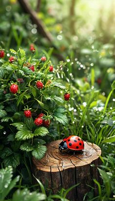 a ladybug sitting on top of a tree stump in the middle of a forest