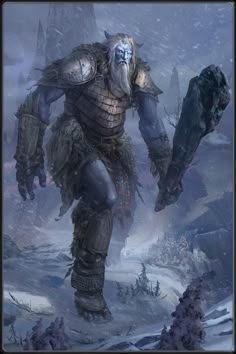 an image of a man in armor walking through the snow