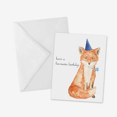 a card with an illustration of a fox wearing a party hat