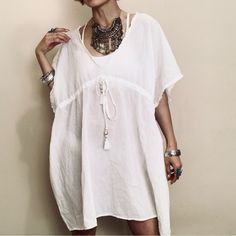 Brand New Size L/Xl Length 36” Bust 60” Spring Short Sleeve Free Size Cover-up, Summer V-neck Tunic For Brunch, Bohemian Beach Dress With Short Sleeves For Daywear, Spring Brunch Cover-up With Short Sleeves, Chic White Loose Fit Tunic, Chic White Flowy Tunic, Short Sleeve Beach Dress For Daywear, Bohemian Short Sleeve Cover-up For Day Out, Summer Oversized V-neck Tunic