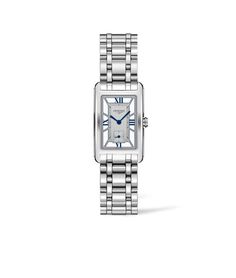 Longines Watch  - Quartz Movement L176 - Functions: Hours, minutes, small seconds at 6 o'clock - Case: Rectangular Stainless steel  - Strap: Stainless steel - Water Resistance: Water-resistant to 3 bar - Glass: Scratch-resistant sapphire crystal - Explore the Longines L55124756 Elegant White Stainless Steel Watch Accessories, Timeless White Stainless Steel Watch Accessories, Elegant White Gold Watch With Date Indicator, Elegant Silver Watch With Date Indicator, Elegant White Watch With Date Indicator, White Watch Accessories With Date Indicator, Elegant Silver Watch Accessories With Date Indicator, Elegant White Gold Watch Accessories With Date Indicator, Timeless White Gold Stainless Steel Watches