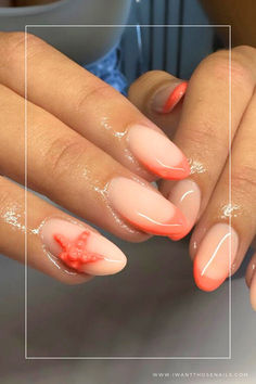 french nails with starfish Orange Starfish Nails, Cruise Nails Caribbean Ideas, Nails For Croatia, Starfish Nail Designs, Beachy French Tip Nails, Beach Nails Inspo 2024, Majorca Nails, Fun Summer Acrylic Nails, Fun French Tip Nails Almond