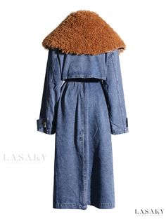 Lasaky - Chic and Graceful Detachable Faux Fur Collar Long Waist Cinching Denim-Inspired Jacket Long Gilet, Long Waistcoat, Denim Style Casual, Oversized Trench Coat, Denim Trench Coat, Long Sleeve Denim Jacket, Blue Trench Coat, Gilet Long, Collared Coat