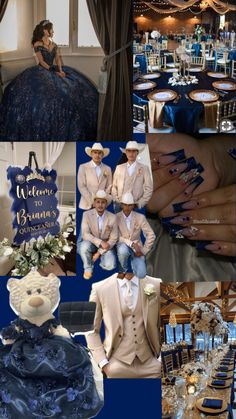 a collage of photos with blue and white decorations, people dressed in formal wear