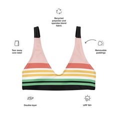 Vintage Hawaii Stripe bralette bikini top is your go-to for everything under the sun and saltwater. Featuring retro color tones and sporty stripes, this women's swimsuit top is made with recycled fabric and crafted with light support. Features a deep v-neck. • 81% REPREVE recycled polyester, 19% LYCRA XTRALIFE • Fabric weight 7.52 oz• Double-layered and non-reversible• Removable padding • Tear-away care label • Zig-zag stitching Size guide CHEST WAIST HIPS XS (inches) 33 ⅛ 25 ¼ 35 ⅜ S (inches) 3 Beachwear Striped Swimwear, Bra Friendly, Bra Friendly Striped Beachwear Swimwear, Striped Bra-friendly Beachwear Swimwear, Striped Bra-friendly Swimwear For The Beach, Striped Triangle Top Swimwear, Bra Friendly, Retro Color Block Swimwear For Summer, Striped Triangle Top Swimwear Bra Friendly, Striped Bra Friendly Swimwear, Sporty Multicolor Swimwear For Sunbathing