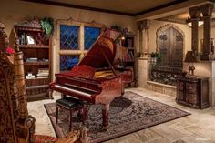 a living room with a grand piano in it