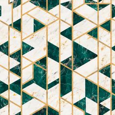 an abstract marble pattern with gold lines and triangles on it's sides, in shades of green and white