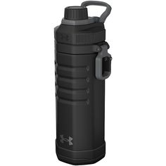 a black water bottle with an open lid and nozzles on the side, in front of a white background