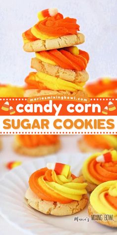 The perfect Halloween treat for parties! It's a super easy Halloween dessert in just 30 minutes. Decorated with an orange and yellow cream cheese frosting, these Candy Corn Sugar Cookies are not only fun and adorable but also delicious! Simple Halloween Sugar Cookies, Desserts With Candy Corn, Candy Corn Sugar Cookies, Candy Corn Recipe, Candy Corn Cupcakes, Strawberry Sugar Cookies, Family Desserts, Orange Food Coloring, Halloween Sugar Cookies