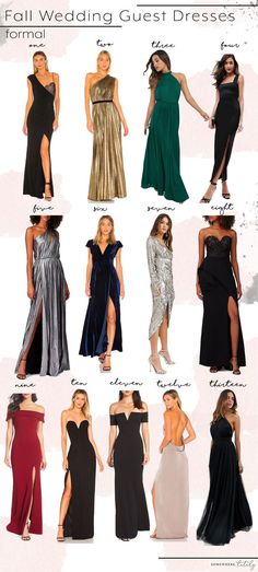 the different types of dresses are shown in this image, including one with high slits and