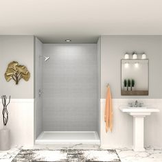 a bathroom with a sink, mirror and shower stall in the middle of the room