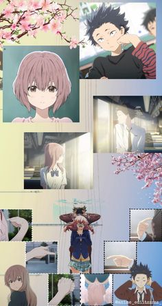 anime character collages with cherry blossoms in the background