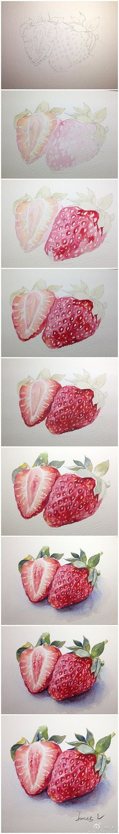 four different images of strawberries with leaves and flowers on them, all showing the same color