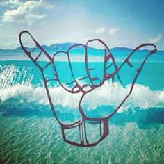 a drawing of a hand with the words hang loose on it in front of an ocean background