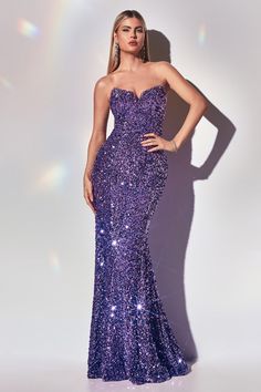 Designed into a strapless fitted silhouette, this sequin knockout has a pointed sweetheart neckline and sheer illusion sides. A custom fit is accomplished with a lace up back achieving the perfect size Gorgeous Prom Dresses, Cinderella Divine, Mermaid Evening Gown, Sequin Prom Dress, Cinderella Dresses, Sequin Gown, Full Length Dress, Bridesmaid Gown, Lace Bodice