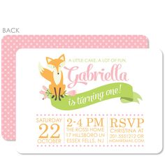 Fox Invitation | Pipsy.com | Pink Birthday Invitation Pink, Fox Birthday, Pink Fox, Invitation Pink, Invitation Wording, Invitation Envelopes, Big Day, Little One, Birthday Invitations