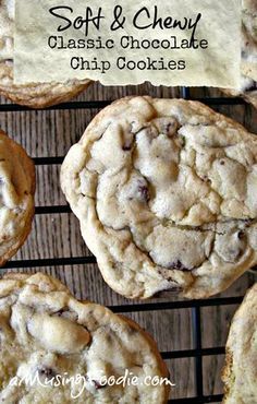 soft and chewy classic chocolate chip cookies on a cooling rack with text overlay