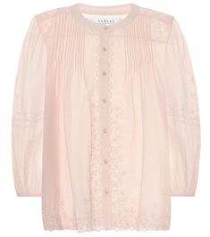 With the Catherine blouse, Velvet once again makes a case for casual, high-quality clothing that you will turn to for years to come. The simple design is ornamented with delicate floral embroidery and pleat detailing at the chest. Incorporate it as part of a more formal look with a pair of tailored trousers. Feminine Cotton Embroidered Top, Elegant Cotton Blouse With Floral Embroidery, Elegant Cotton Top With Floral Embroidery, Elegant Cotton Tops With Floral Embroidery, Chic Formal Tops With Floral Embroidery, Feminine Pintuck Top For Summer, Feminine Summer Top With Pintucks, Feminine Summer Tops With Pintucks, Feminine Pintucks Top For Summer