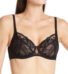 This everyday, full coverage bra has a beautiful, elegant look and gives wonderful support with seamed cups. Made from nylon, polyester, and elastane. Multi-part, underwire cups are unlined (unpadded) with angled and vertical seams for shape. Cross-dyed, Leavers floral lace cup has a tulle lining for support. Scalloped trim at the neckline has sewn-on elastic at the edge for fit. Panel beside cup is breathable point d'esprit mesh. Center - tall, narrow, arched center panel. Sewn-on elastic under Black Fitted Nursing Bra With Removable Cups, Fitted Black Nursing Bra With Removable Cups, Black Full Cup Bra With Removable Cups, Classic Black Bra With Padded Cups, Classic Black Underwire Bra, Elegant Padded Full Cup Nursing Bra, Black Full Coverage Bra With Removable Cups, Fitted Underwire Nursing Bra With Medium Support, Elegant Push-up Nursing Bra With Removable Cups