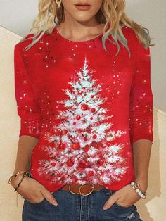 Christmas Tree Print, Womens Christmas Shirts, Cheap Christmas, Shirts Women Fashion, Holiday Tops, Spring Shirts, Long Sleeve Tees Women, Tree Print, Womens Tunics